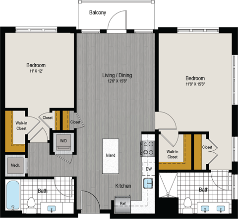 Floor plan for 2 beds, 2 baths, 1027 sqft